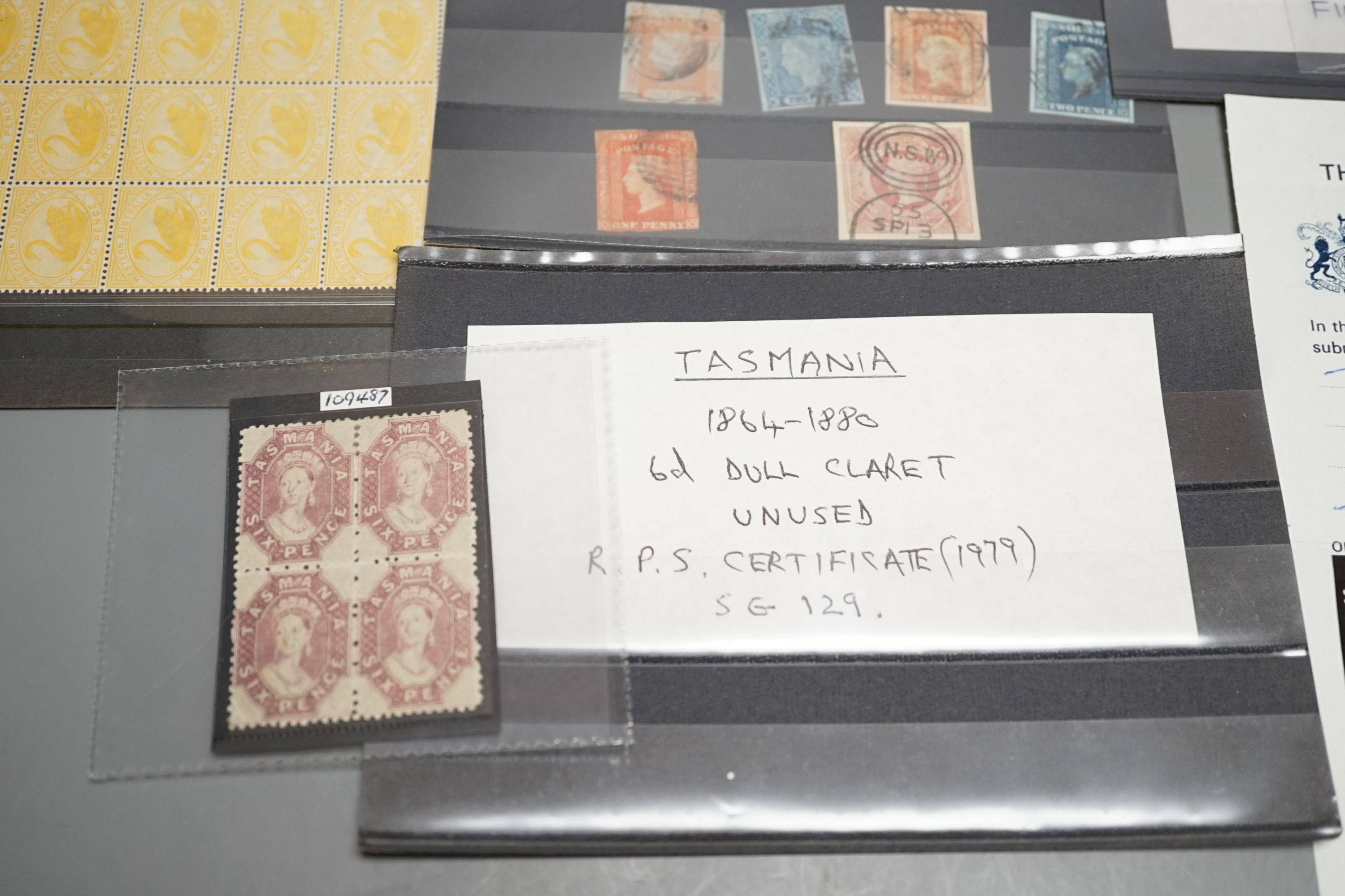 Australian States - NSW 1850 1d and 2d used, Queensland 1907 6d green imperf. plate proof pair, Tasmania 1891 6d dull claret mint block of four (and certificate), Western Australia 1854 1d black swan and 1861 6d deep sag